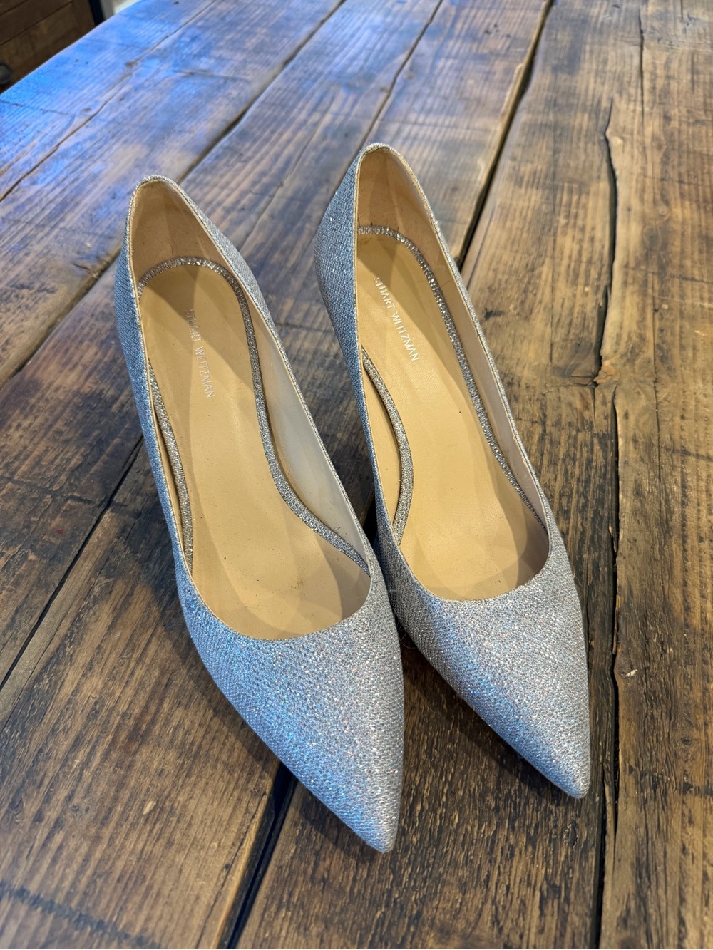 Stuart Weitzman Silver Glitter Pointed Toe Pumps